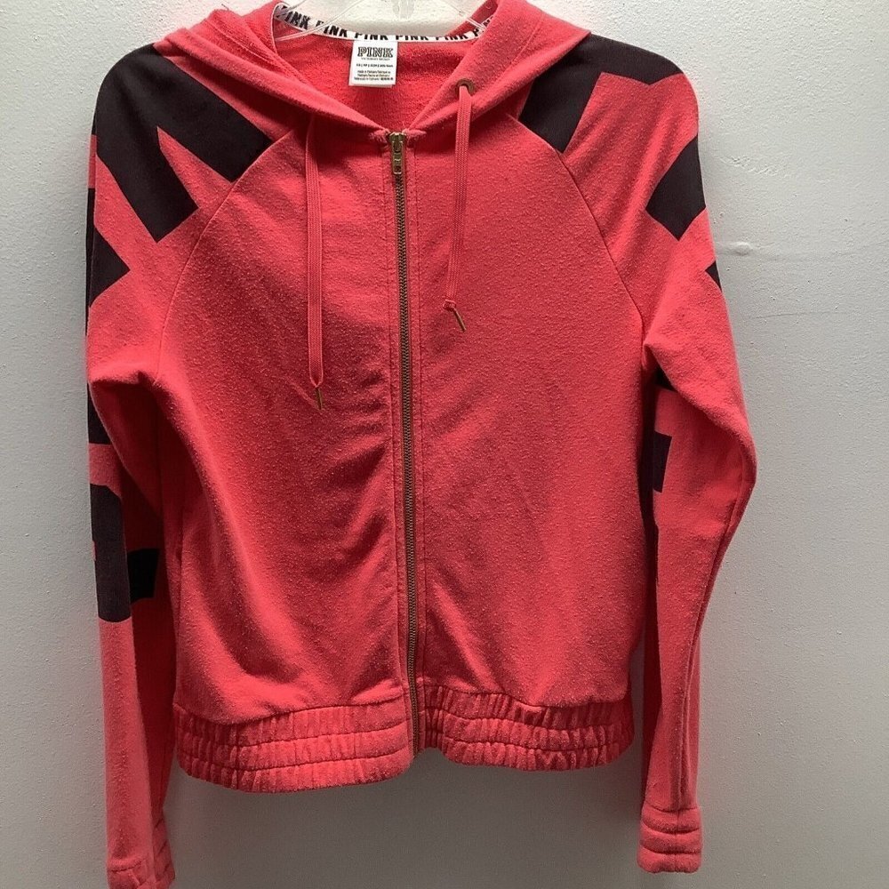 Victoria Secret Size XS Coral Pink Printed Sleeve Hooded Jacket. Preloved